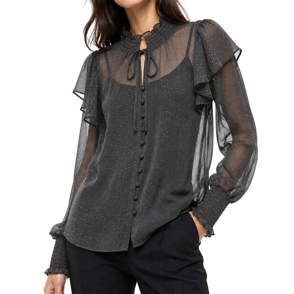 Zara Womens Blouse XS Silver Gray Sparkle Sheer Ruffle Tie Neck Puff Sleeve Top